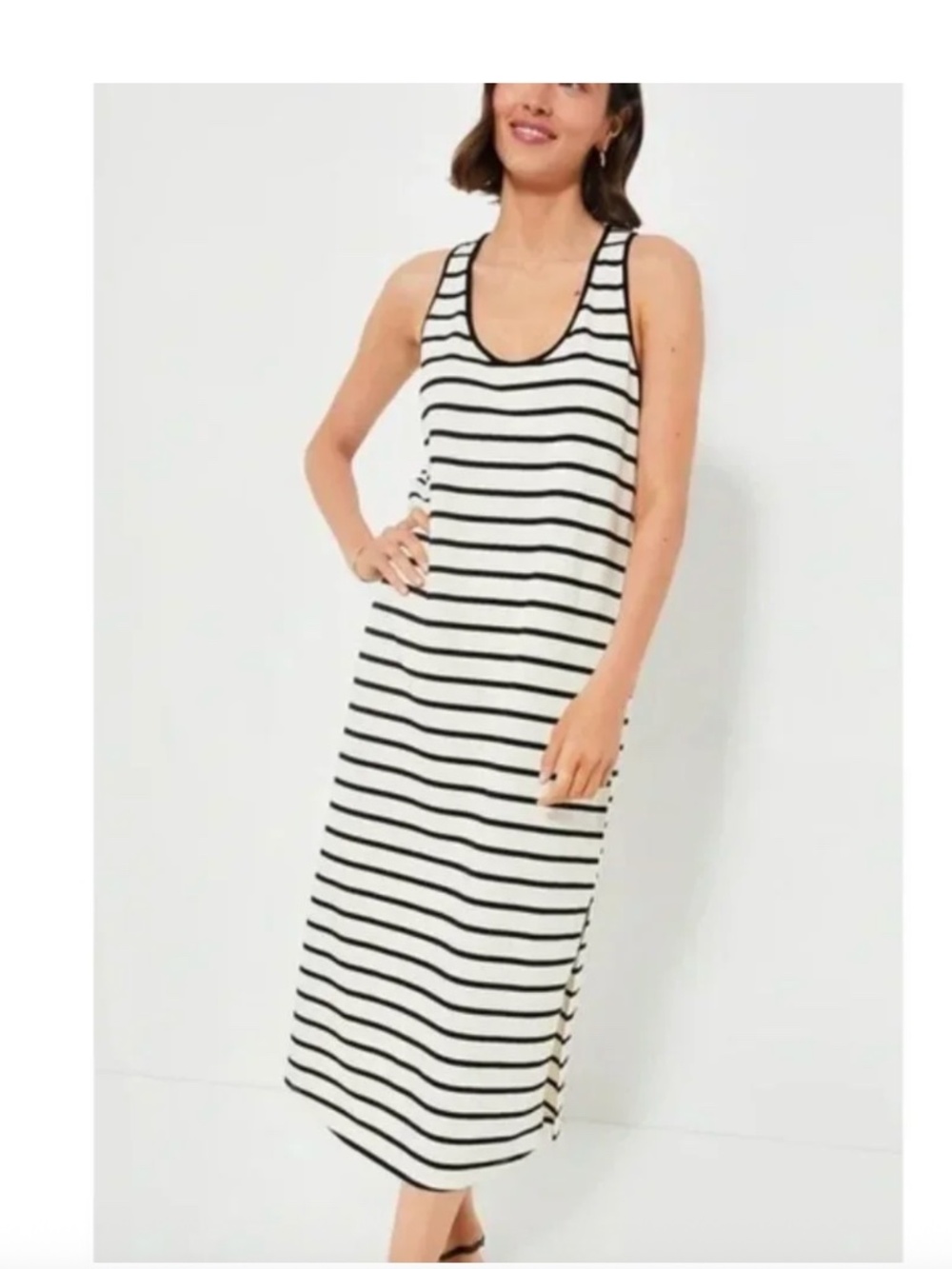 🌊Women's Pomander Place Ivory Black Striped Tank Cotton Dress Size M
